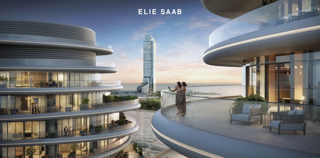 Twilight view of La Mer by Elie Saab, beautifully illuminated against Dubai’s coastal skyline.