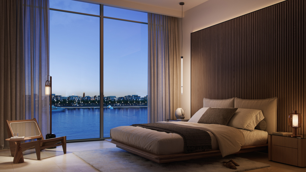 Luxurious master bedroom at Baygrove Residences with a private balcony and ocean view