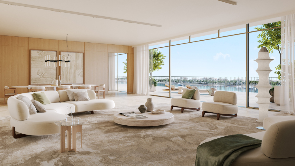 Spacious living room in Baygrove Residences with modern furniture and floor-to-ceiling windows