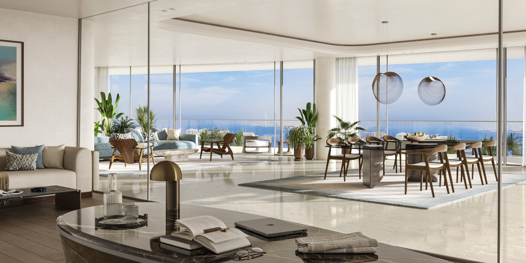 Elegant dining area in Como Residences featuring contemporary design and ocean views.