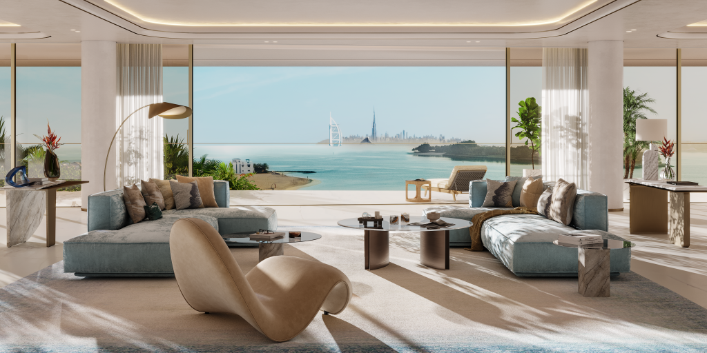 Luxurious open-plan living room at Como Residences with expansive ocean-facing windows