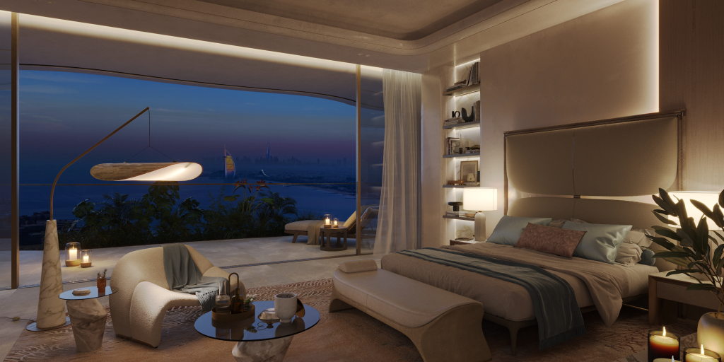 Elegant master bedroom in Como Residences illuminated by soft ambient lighting, offering a serene nighttime retreat