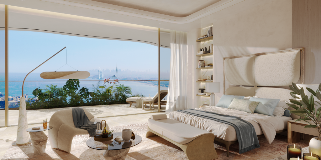 Master bedroom in Como Residences with luxurious decor and panoramic skyline views