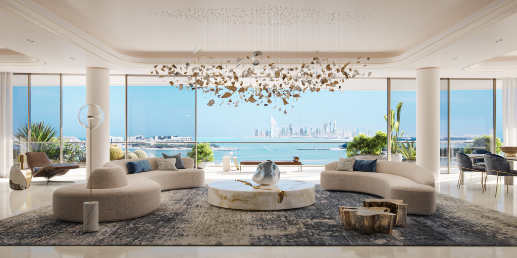 Spacious living room in Como Residences with modern furnishings and floor-to-ceiling windows